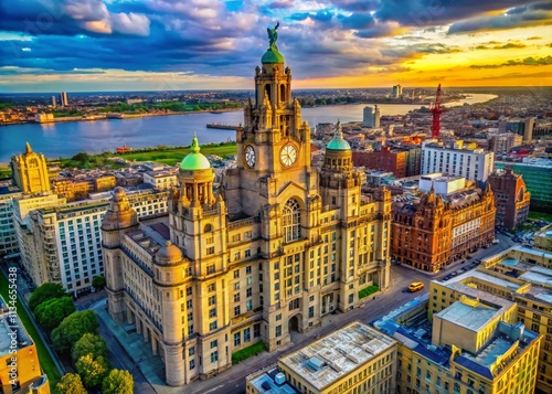 Aerial View of the Iconic Royal Liver Building in Liverpool, Showcasing Its Stunning Architecture and Surrounding Cityscape in a Macro Photography Perspective photo