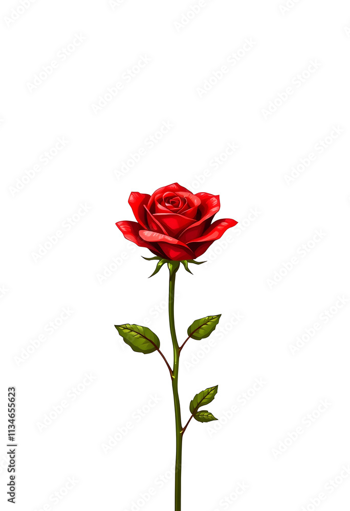 Fototapeta premium A red rose is the main focus of the image, standing tall and proud on a white background. The rose is the center of attention, drawing the viewer's eye and evoking feelings of love, beauty, hand-dra