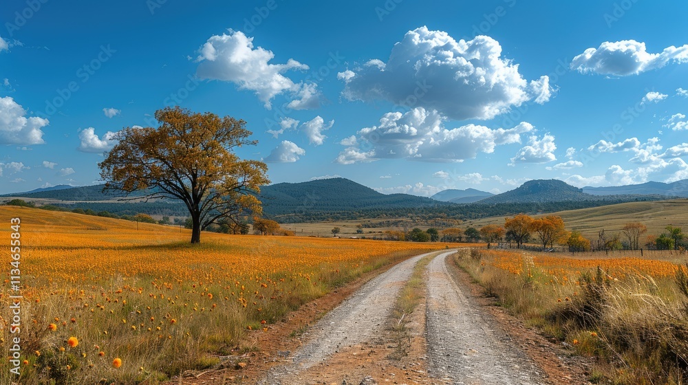Fototapeta premium A scenic dirt road through a vibrant flower-filled landscape under a blue sky.