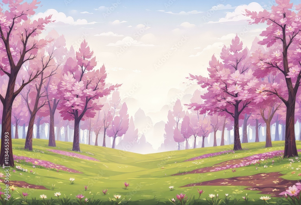 Pink-blossomed cherry blossom forest with winding dirt paths, green hills, and scattered white flowers, vector art style background Pink-blossomed cherry blossom forest with winding dirt paths, green hills, and scattered white flowers, vector art style background