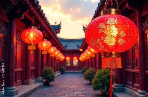 Glowing Red Lanterns in Ancient Courtyard