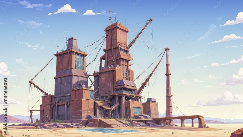 Industrial factory complex with rusted structures and smokestacks in a desert landscape under a bright blue sky, vector art style background Industrial factory complex with rusted structures and smokestacks in a desert landscape under a bright blue sky, vector art style background