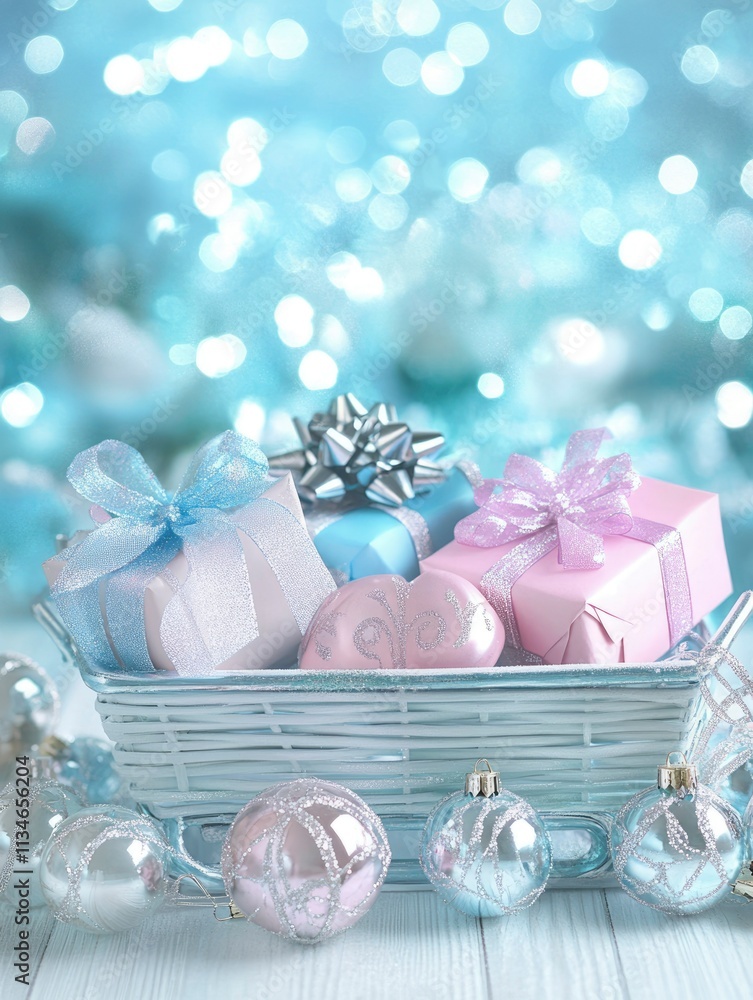 Pastel Presents In A White Basket With Ornaments Pastel Presents In A White Basket With Ornaments