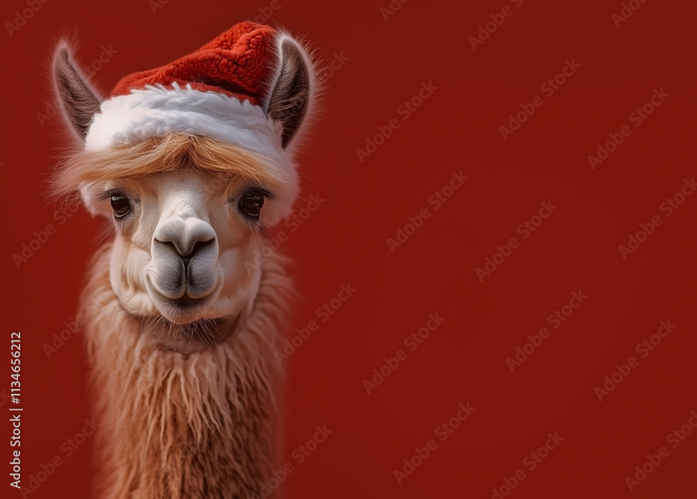 Obraz premium A close-up portrait of a llama wearing a Santa hat against a red background.