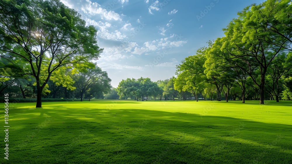 Serene Green Landscape Under Bright Sky with Lush Trees and Open Space Serene Green Landscape Under Bright Sky with Lush Trees and Open Space