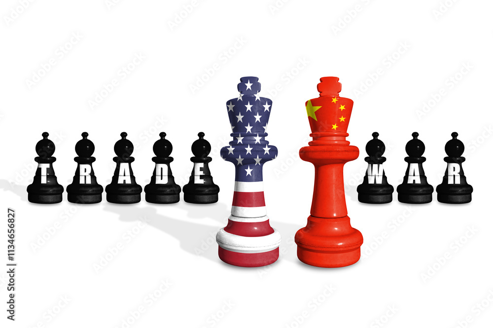 Chess made from EU and China flags on a white background with word TRADE WAR Chess made from EU and China flags on a white background with word TRADE WAR