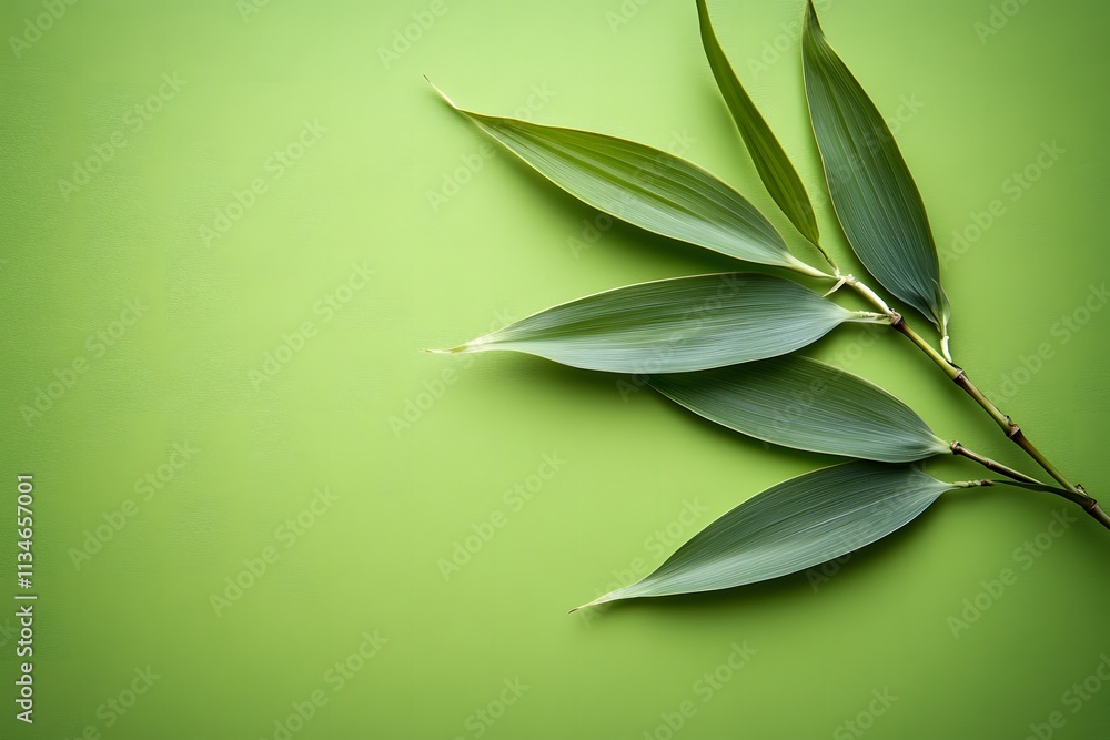 Fototapeta premium Bamboo leaves arranged on a vibrant green background