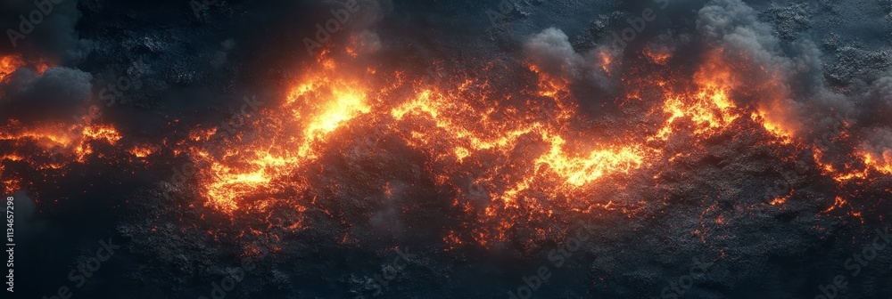 Abstract texture of glowing orange lava flowing from volcano eruption on dark rocky background, Abstract texture of glowing orange lava flowing from volcano eruption on dark rocky background,