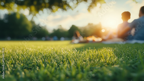Fototapeta Naklejka Na Ścianę i Meble -  family enjoys picnic on sunny day, surrounded by lush green grass and trees. warm sunlight creates serene atmosphere, perfect for relaxation and bonding