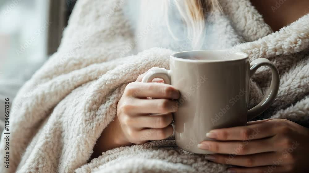 Young woman wrapped in a cozy blanket, holding a warm mug near a window with soft morning light, capturing a peaceful moment of solitude and relaxation Young woman wrapped in a cozy blanket, holding a warm mug near a window with soft morning light, capturing a peaceful moment of solitude and relaxation