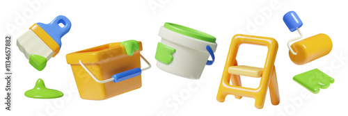 Painting works and house renovation tools 3d icons set. Roller, brush, buckets of paint and folding ladder cute vector elements isolated on white.