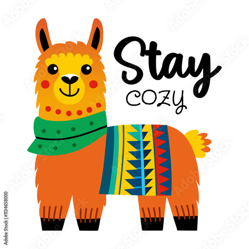 Flat sticker showing llama with stay cozy text 