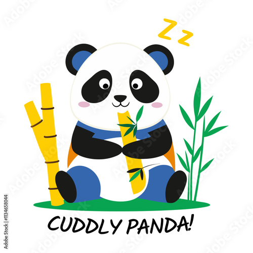 A flat sticker of cuddly panda eating bamboo 

