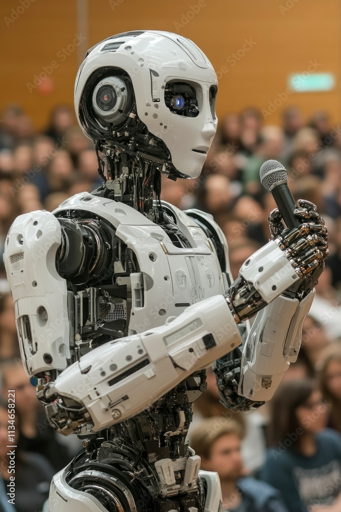 Advanced Robot Holding Microphone Addresses Audience Advanced Robot Holding Microphone Addresses Audience
