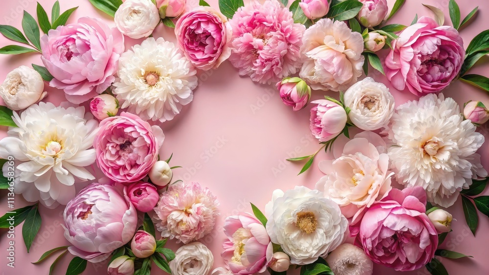 A delicate arrangement of blush-toned peonies and white roses creates a floral frame on a soft pink background, highlighting the delicate beauty of nature's artistry. A delicate arrangement of blush-toned peonies and white roses creates a floral frame on a soft pink background, highlighting the delicate beauty of nature's artistry.