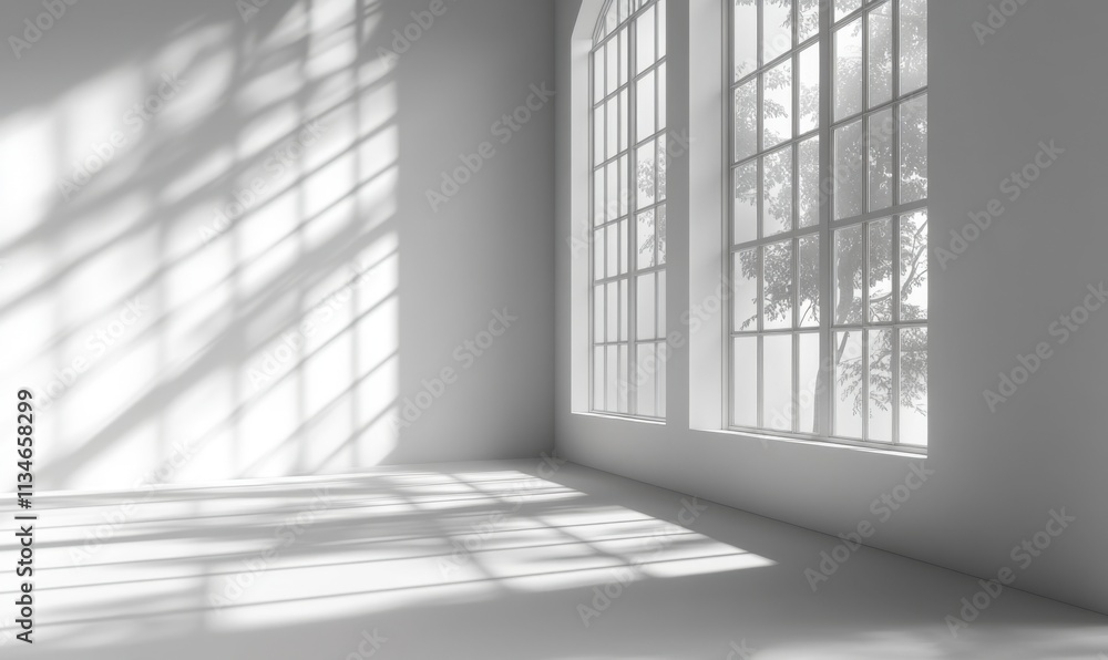 Large windows letting in sunlight to illuminate an empty white room with a tree outside, casting beautiful shadows background Large windows letting in sunlight to illuminate an empty white room with a tree outside, casting beautiful shadows background