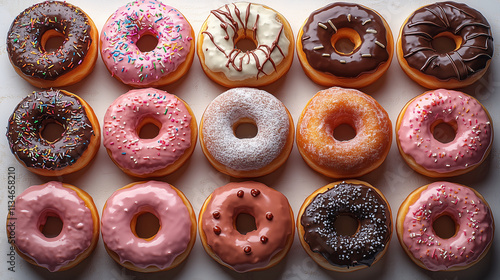 ariety of colorful, glazed doughnuts stacked together, showcasing a delicious assortment of sweet pastries