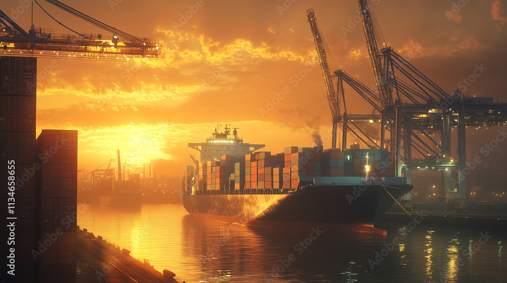Massive cargo ship docked at an industrial port during sunrise, colorful containers being lifted by cranes, with soft golden light and mist creating an atmospheric scene. Massive cargo ship docked at an industrial port during sunrise, colorful containers being lifted by cranes, with soft golden light and mist creating an atmospheric scene.