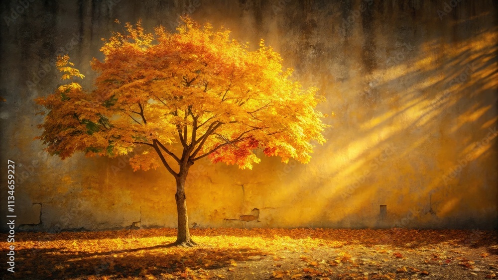 A solitary tree with vibrant golden foliage stands against a textured wall, illuminated by warm sunlight, casting long shadows on the ground covered in fallen leaves. A solitary tree with vibrant golden foliage stands against a textured wall, illuminated by warm sunlight, casting long shadows on the ground covered in fallen leaves.