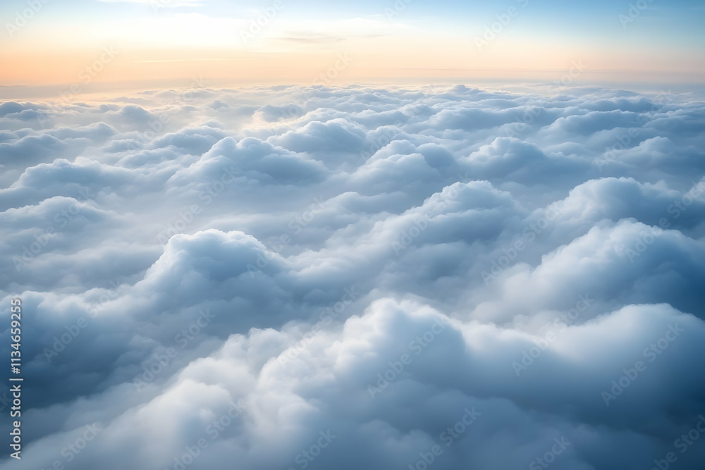 Naklejka premium Aerial view of a vast expanse of fluffy clouds at sunset, showcasing texture and light.