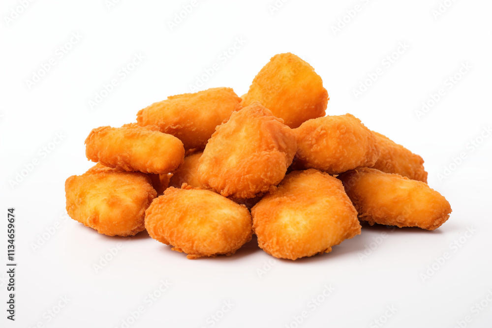Close-up of high-quality, freshly prepared chicken poppers displayed on a clean white background, showcasing their crispy texture and appetizing appearance Close-up of high-quality, freshly prepared chicken poppers displayed on a clean white background, showcasing their crispy texture and appetizing appearance