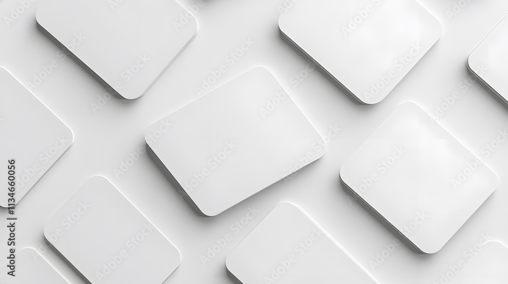 3D rendered abstract background displaying a minimalistic arrangement of twisted, white geometric cards with rounded corners. 3D rendered abstract background displaying a minimalistic arrangement of twisted, white geometric cards with rounded corners.