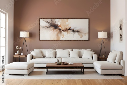 A modern living room with a white sofa, table, lamp, wooden floor, and minimal art frame on a mocha-colored wall.