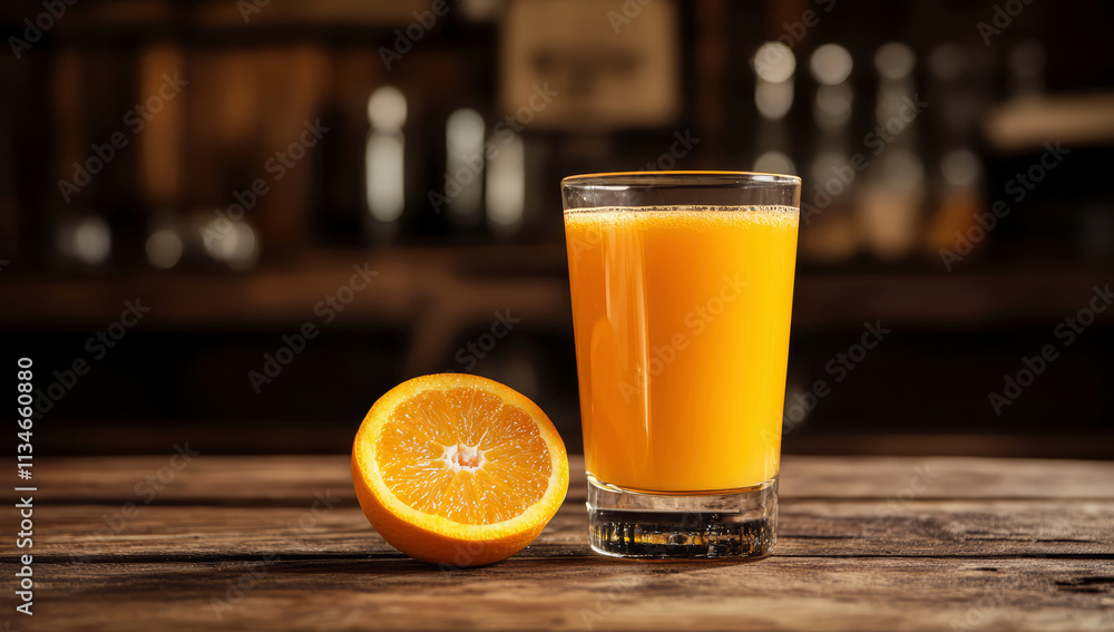 A glass of freshly squeezed orange juice and a freshly cut half orange rests on a rustic wooden table