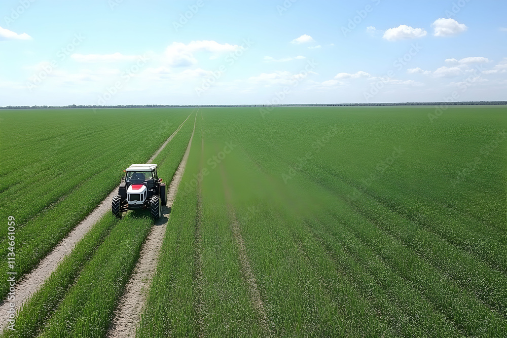 Aerial view of tractor on vast green field. Aerial view of tractor on vast green field.