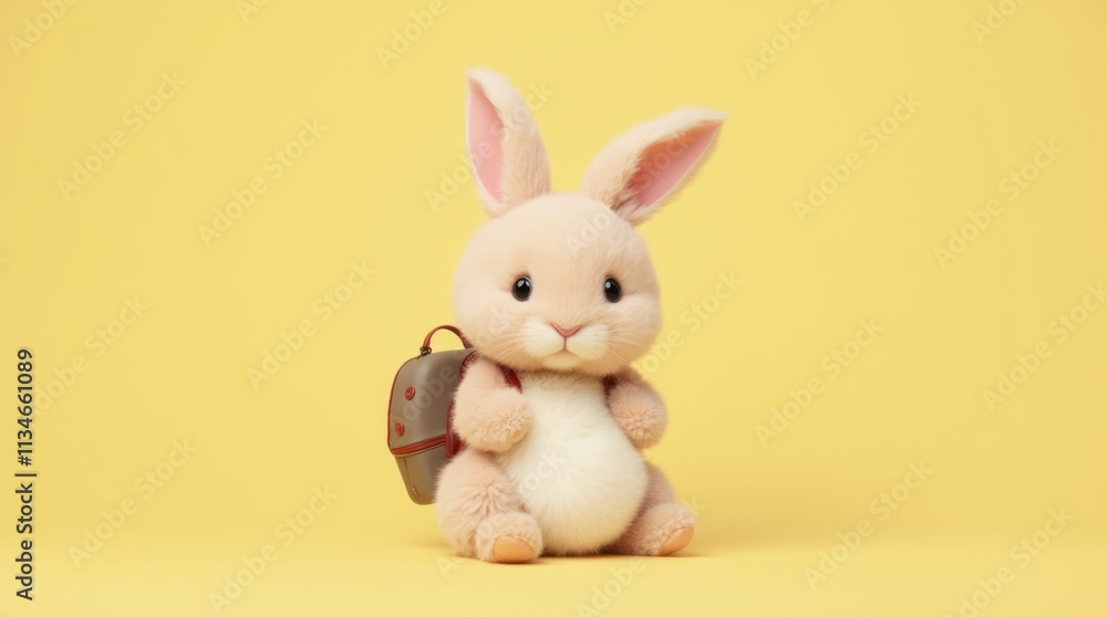 Fototapeta premium Fluffy Rabbit with Backpack Against Pastel Yellow Background