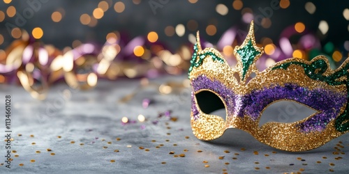 carnival mask art, traditional mardi gras mask in purple, green, and gold glitter, against festive backdrop with space for text on the left photo