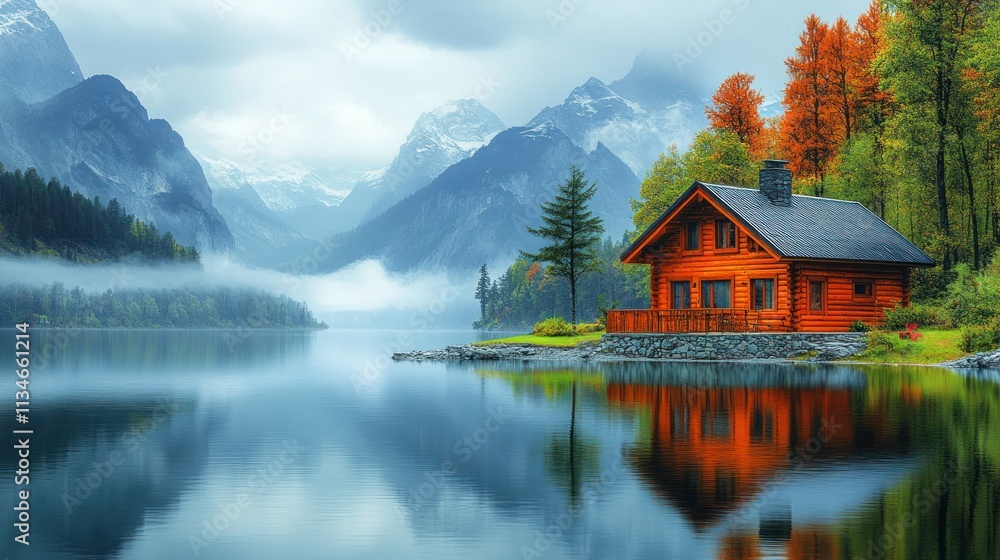 A serene lakeside cabin surrounded by autumn foliage and mountains. A serene lakeside cabin surrounded by autumn foliage and mountains.