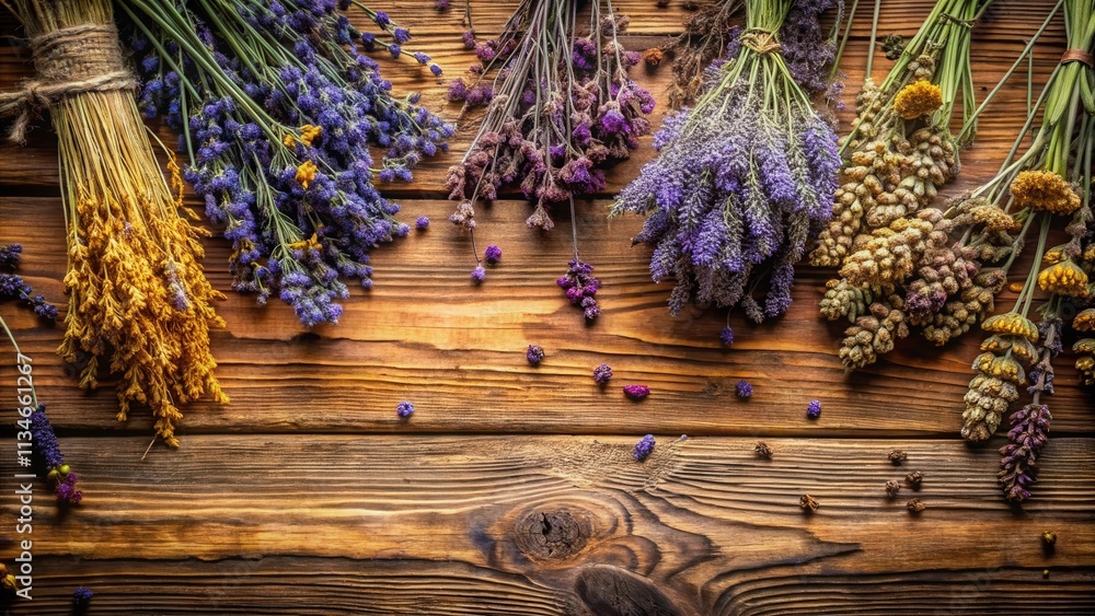 Obraz premium Rustic wooden background adorned with an arrangement of dried lavender, wheat stalks, and other wildflowers, showcasing a natural and earthy aesthetic