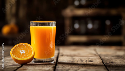 A glass of freshly squeezed orange juice and a freshly cut half orange rests on a rustic wooden table