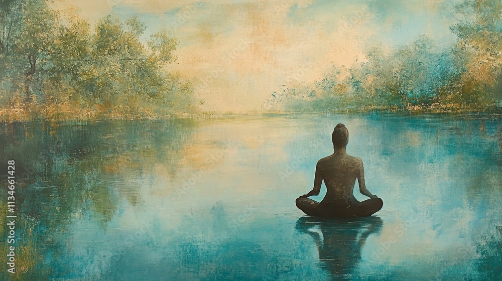 Serene figure meditates, reflected in tranquil water. Serene figure meditates, reflected in tranquil water.
