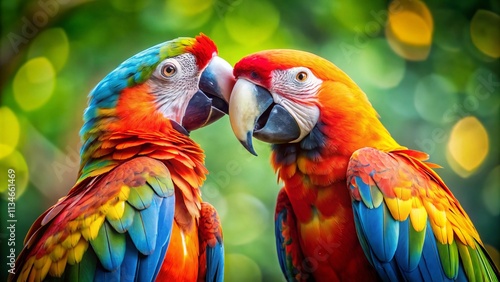 Affectionate Parrots Engaged in Mutual Grooming: A Long Exposure Capture of Nature's Love and Connection Between Colorful Birds in a Serene Environment photo