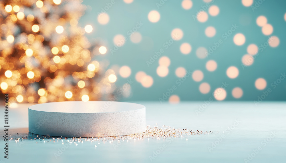 circular podium with snow white surface is set against blurred background of warm, golden bokeh lights, creating festive and elegant atmosphere perfect for holiday displays circular podium with snow white surface is set against blurred background of warm, golden bokeh lights, creating festive and elegant atmosphere perfect for holiday displays