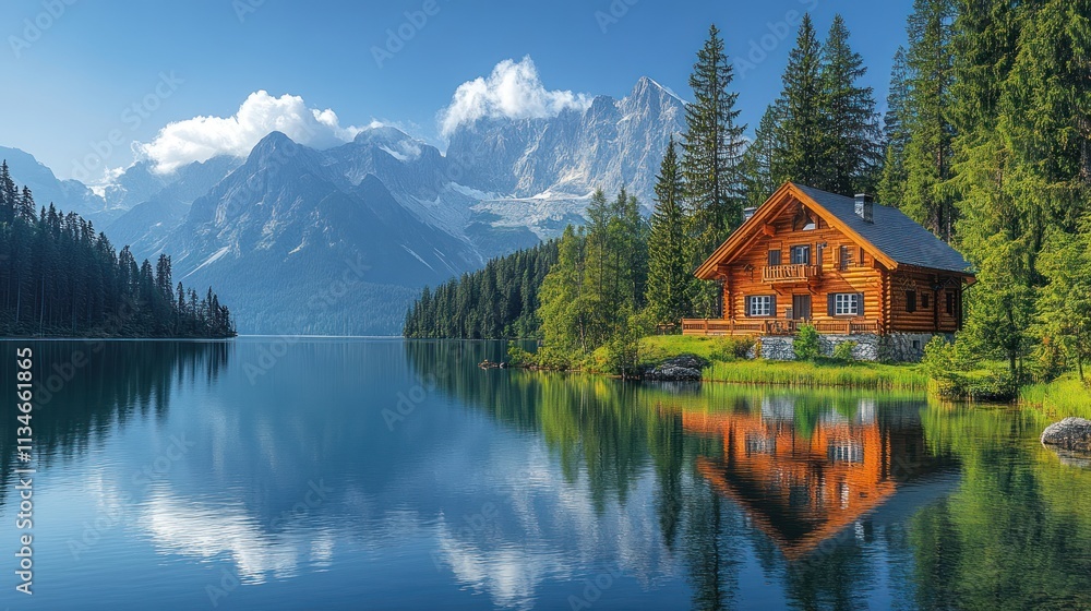 A serene lakeside cabin surrounded by mountains and trees, reflecting on calm waters. A serene lakeside cabin surrounded by mountains and trees, reflecting on calm waters.