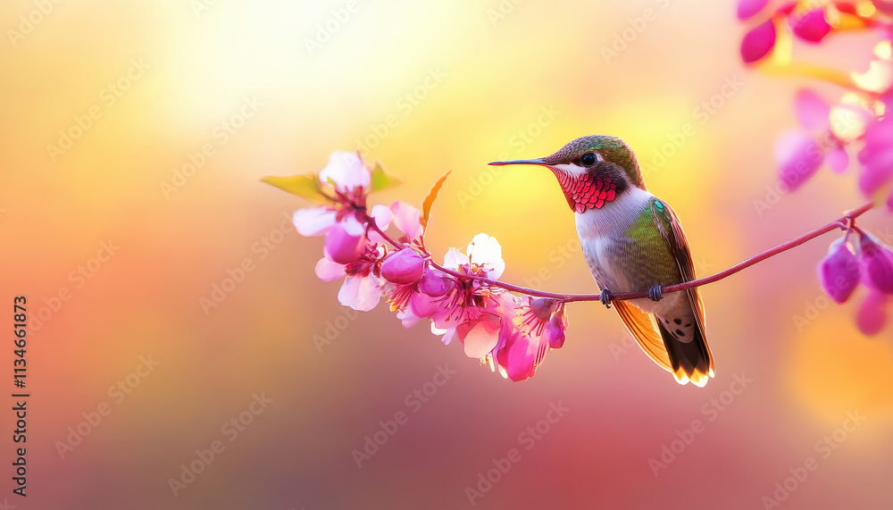 Fototapeta premium colorful hummingbird perched elegantly on branch adorned with pink flowers, showcasing its vibrant plumage against soft, blurred background. scene evokes sense of tranquility and beauty in nature