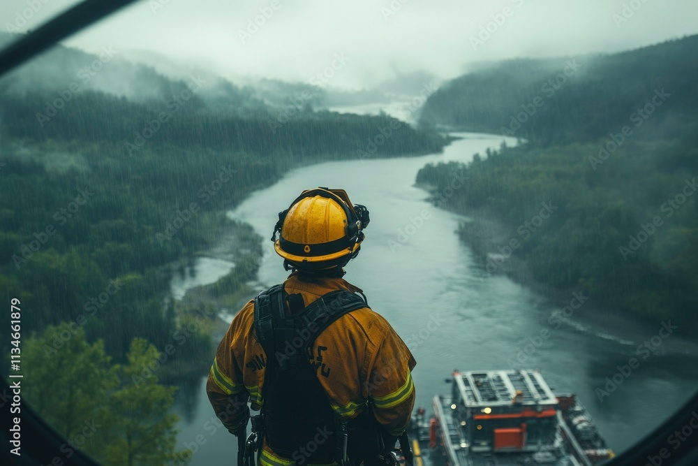 Obraz premium Firefighter Overlooking Rainy River Valley Landscape