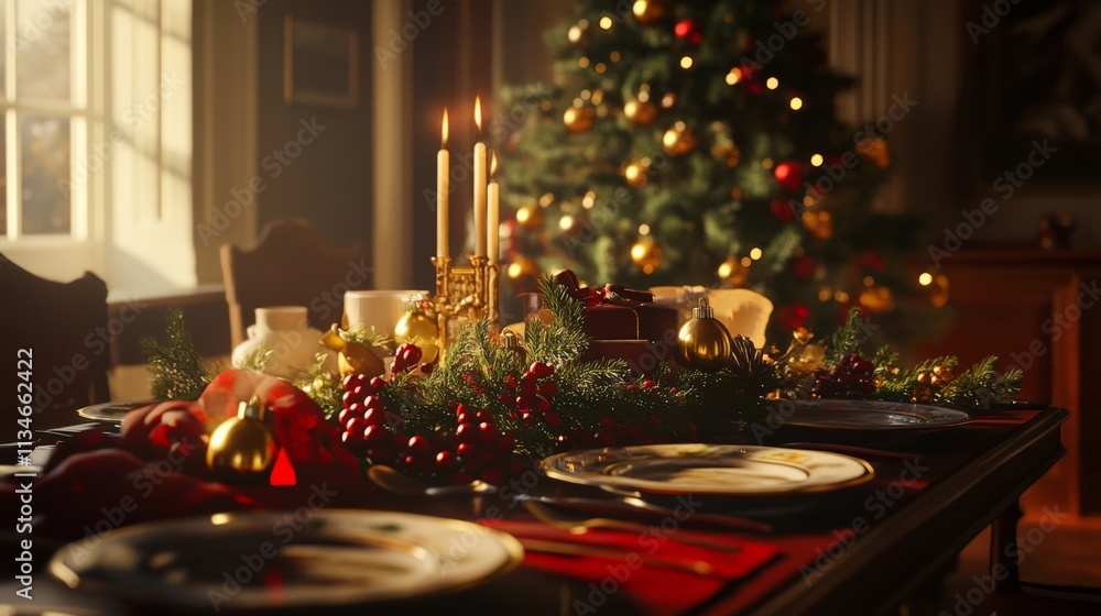 A festive Christmas dinner table with candles and decorations. The warm glow sets a joyful holiday mood for celebration. A festive Christmas dinner table with candles and decorations. The warm glow sets a joyful holiday mood for celebration.