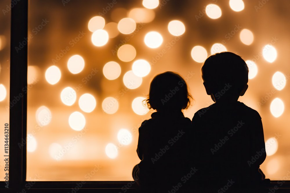 Silhouetted children gazing at glowing bokeh lights through a window, creating a warm and magical scene. Silhouetted children gazing at glowing bokeh lights through a window, creating a warm and magical scene.