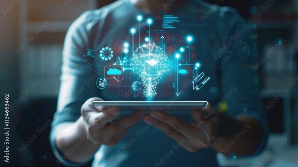 Digital Innovation: A Hand Holding A Tablet With A Holographic Brain Projection Digital Innovation: A Hand Holding A Tablet With A Holographic Brain Projection