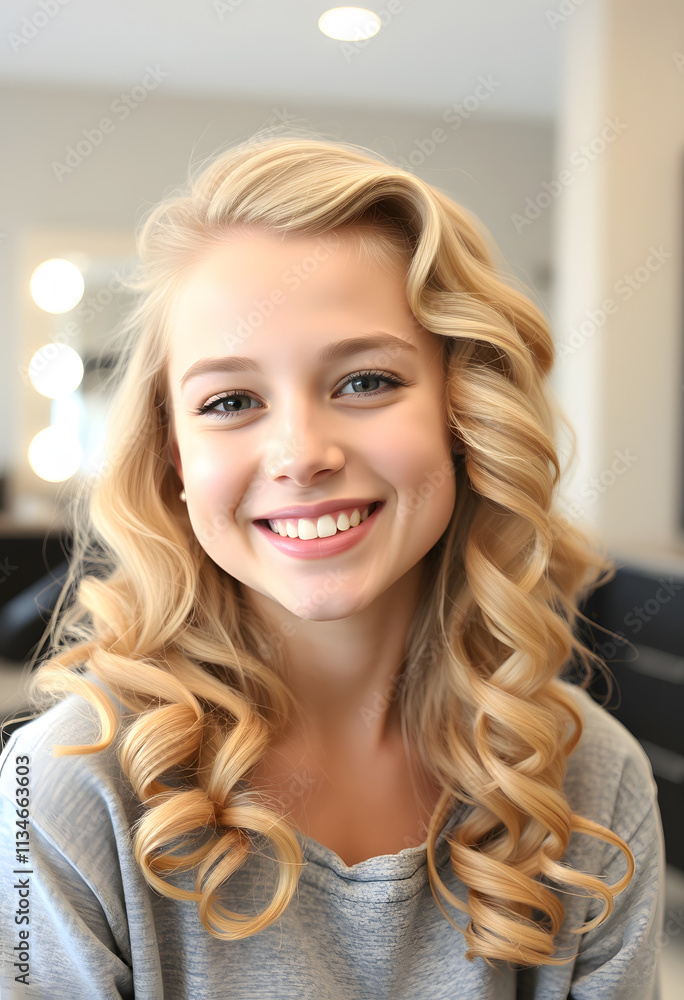 Beautiful smiling girl with blond hair. Stylish hairstyle curls done in a beauty salon. Happiness, self care, mental health idea, photo, with white tones Beautiful smiling girl with blond hair. Stylish hairstyle curls done in a beauty salon. Happiness, self care, mental health idea, photo, with white tones