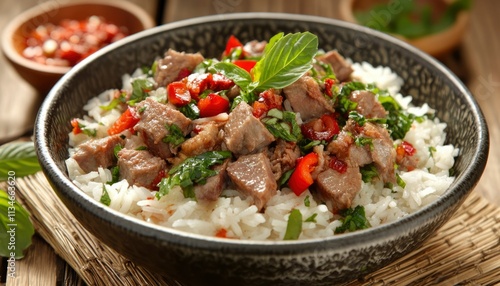 Savory Lamb Rice Bowl with Peppers and Basil