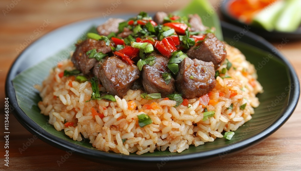 Delicious Beef Cubes Over Fried Rice With Vegetables Delicious Beef Cubes Over Fried Rice With Vegetables