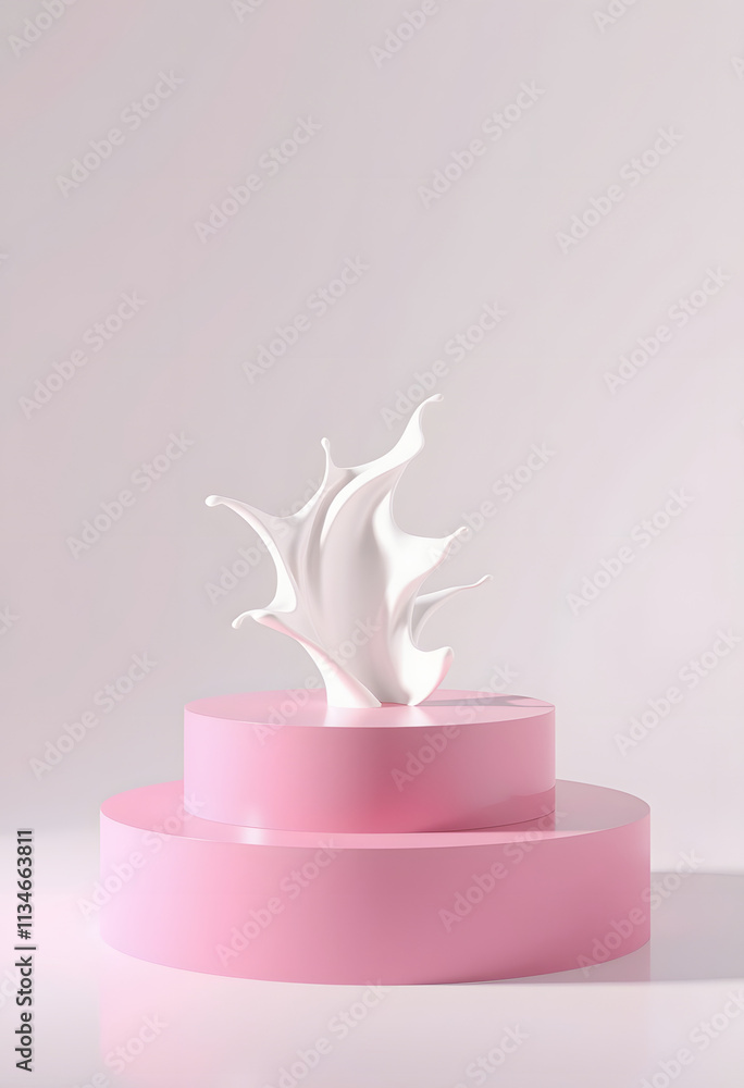 3D pink pedestal podium with liquid white splash swirl on studio white background. Fluid flow with display showcase for beauty product, cosmetics promotion. Peony blossom abstract 3D render mockup, 3D pink pedestal podium with liquid white splash swirl on studio white background. Fluid flow with display showcase for beauty product, cosmetics promotion. Peony blossom abstract 3D render mockup,