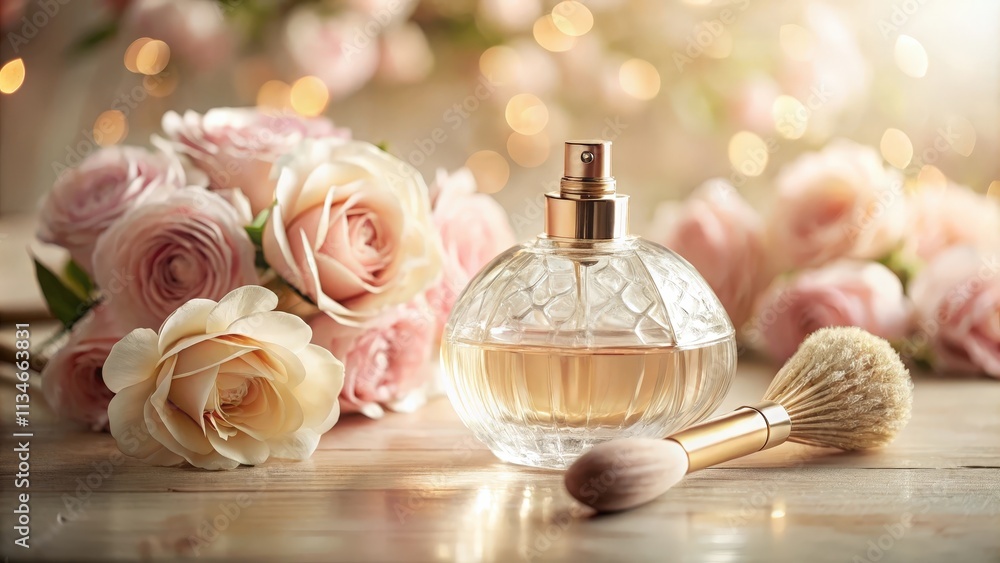 Aromatic Delights A Fragrant Perfume Bottle and a Delicate Blush Brush Resting Among a Bouquet of Softly-Colored Roses Aromatic Delights A Fragrant Perfume Bottle and a Delicate Blush Brush Resting Among a Bouquet of Softly-Colored Roses