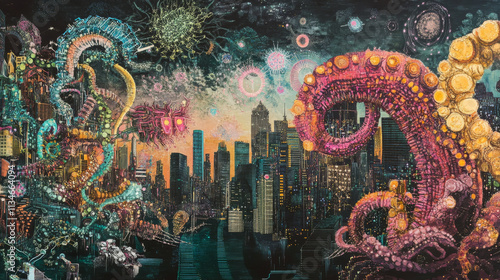 Bioengineered Cityscape: Octopus and Sea Creature Network