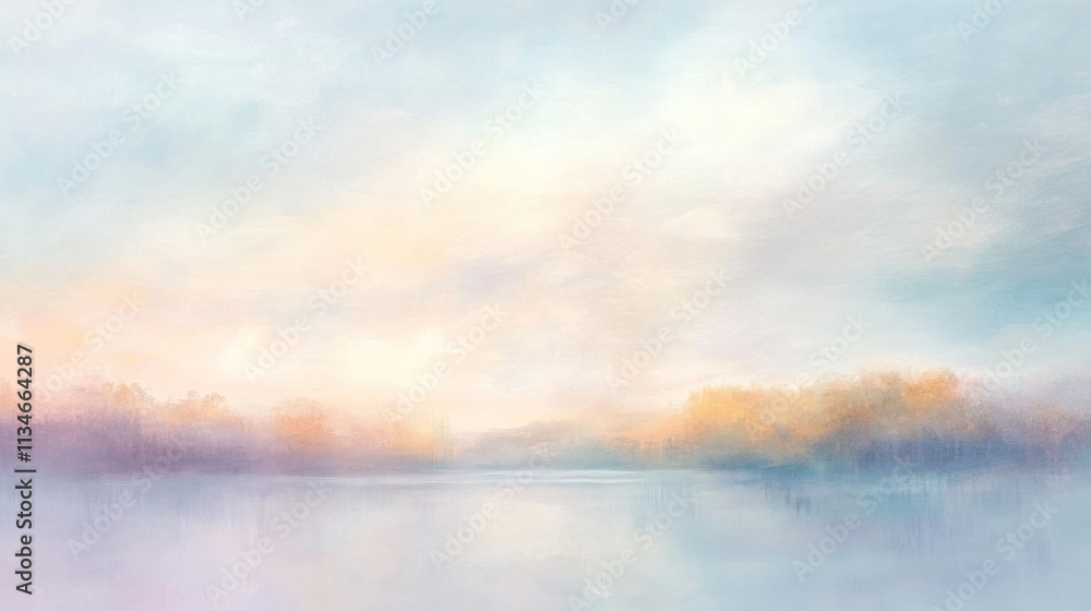 A serene landscape depicting a calm river at dawn with soft pastel colors. A serene landscape depicting a calm river at dawn with soft pastel colors.
